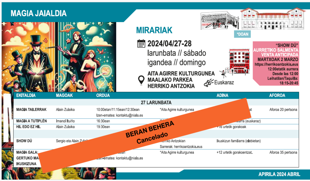 Cancelación evento de magia ‘Mirariak’ en Elgoibar por motivos de salud del artista